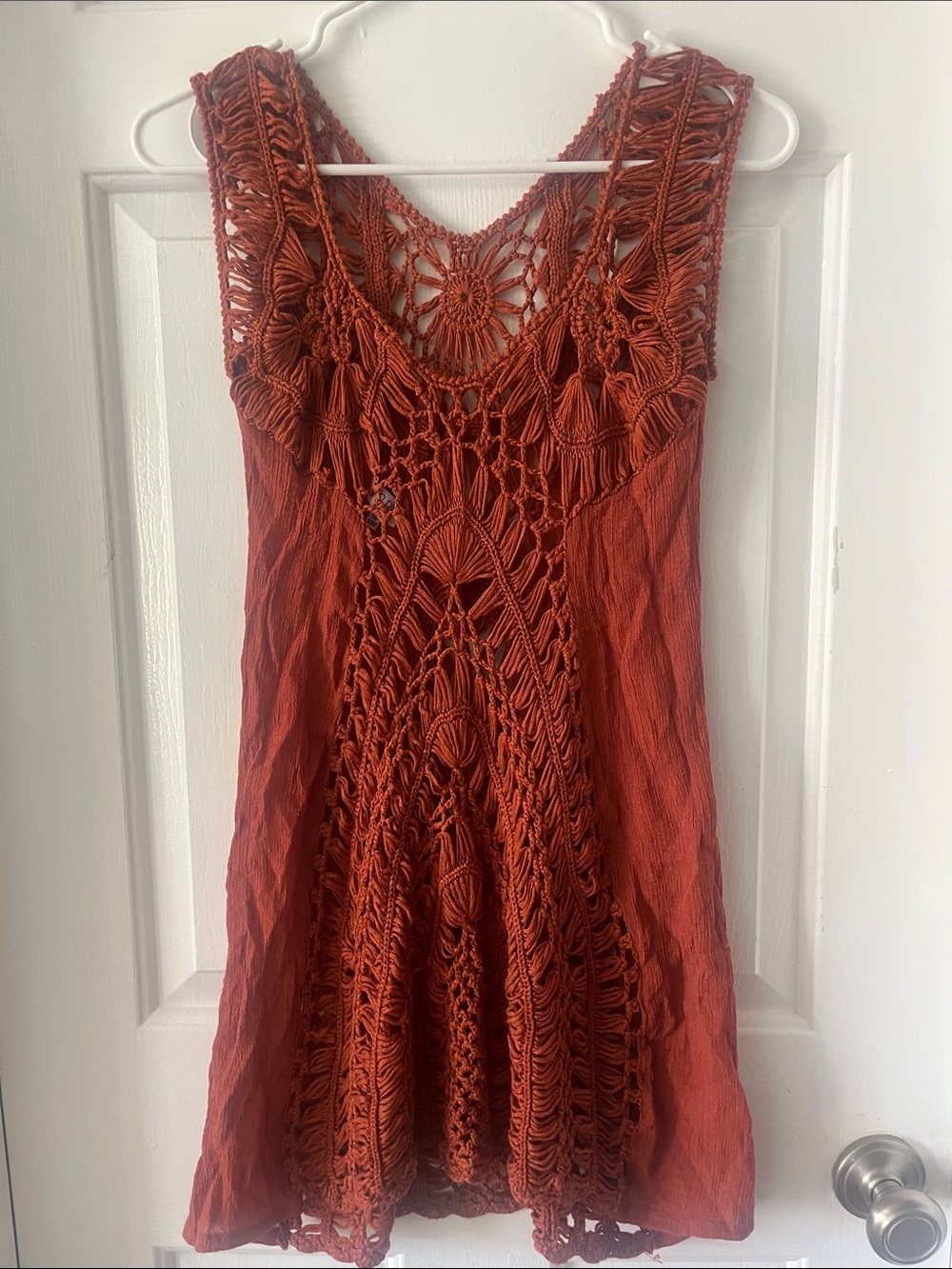 Tobi Rust Orange Crochet Fringe Top